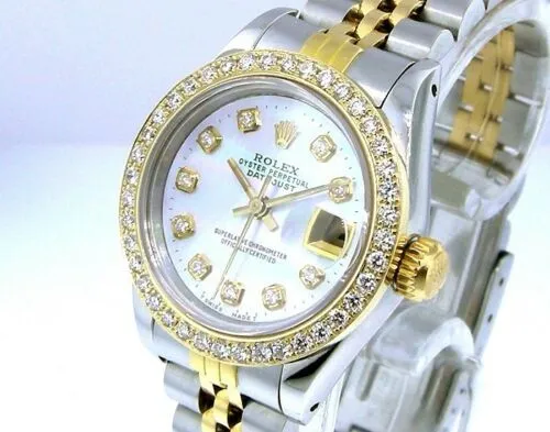 Rolex Lady-Datejust 26mm Yellow Gold Steel White MOP Diamond Dial & Bezel 69173