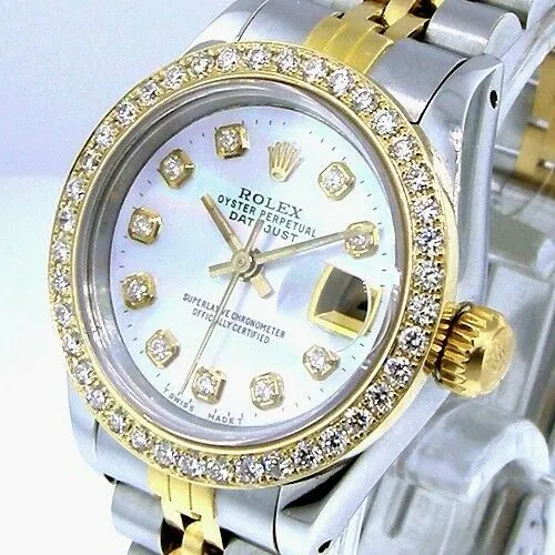 Rolex Lady-Datejust 26mm Yellow Gold Steel White MOP Diamond Dial & Bezel 69173