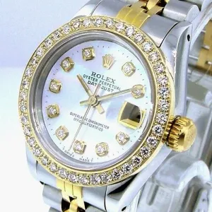 Rolex Lady-Datejust 26mm Yellow Gold Steel White MOP Diamond Dial & Bezel 69173
