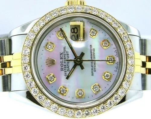 Rolex Lady-Datejust 26mm Yellow Gold Steel White MOP Diamond Dial & Bezel 69173