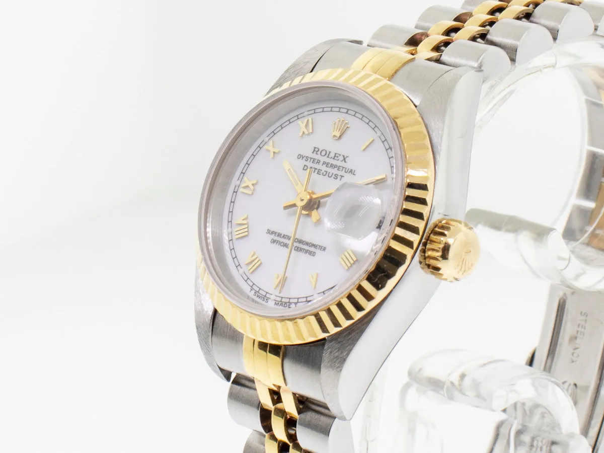 Rolex Lady-Datejust 26mm Yellow Gold Steel White Roman Dial Fluted Bezel 79173
