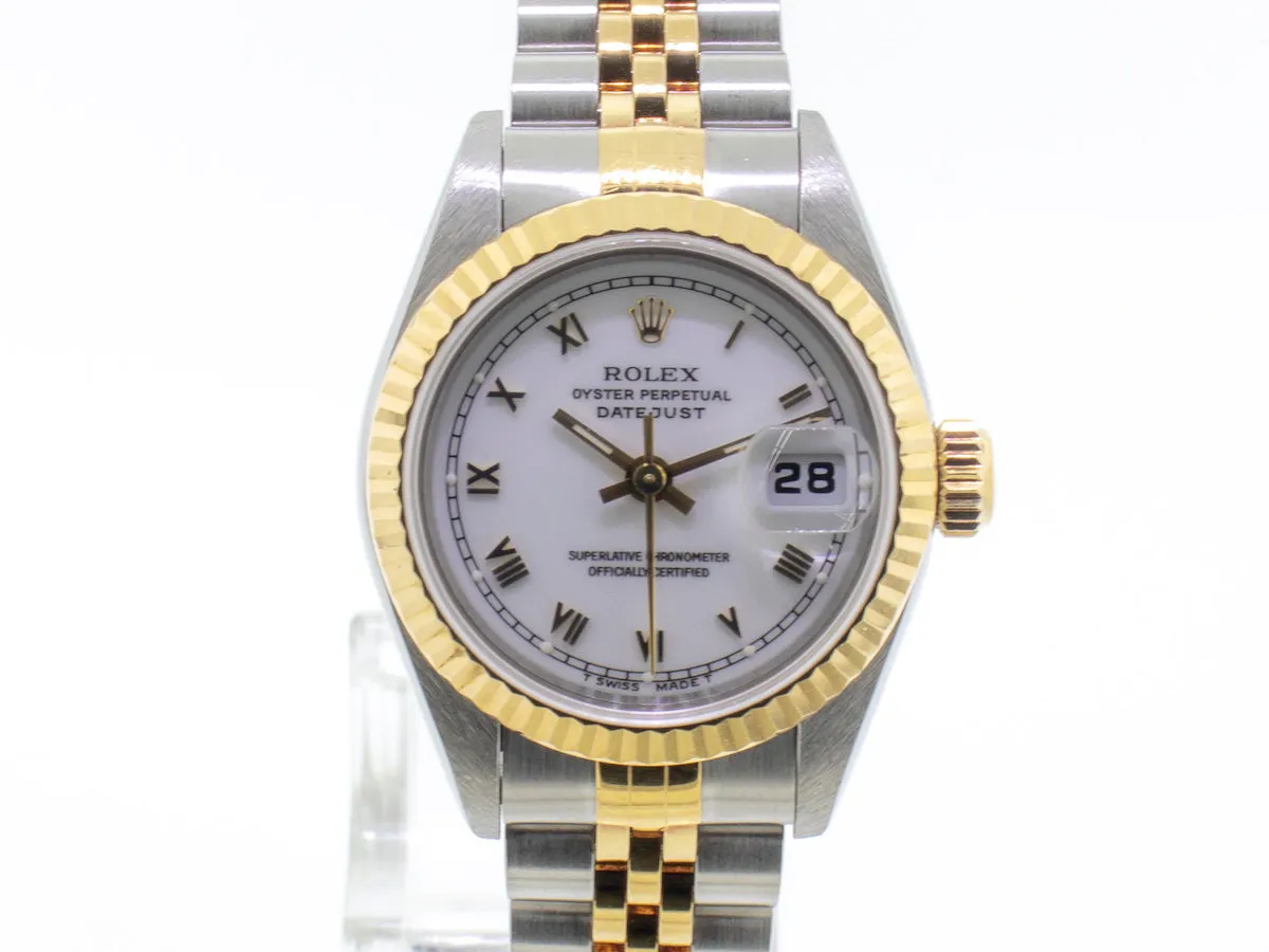 Rolex Lady-Datejust 26mm Yellow Gold Steel White Roman Dial Fluted Bezel 79173