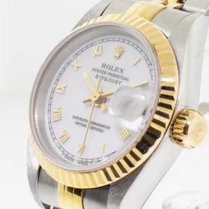 Rolex Lady-Datejust 26mm Yellow Gold Steel White Roman Dial Fluted Bezel 79173