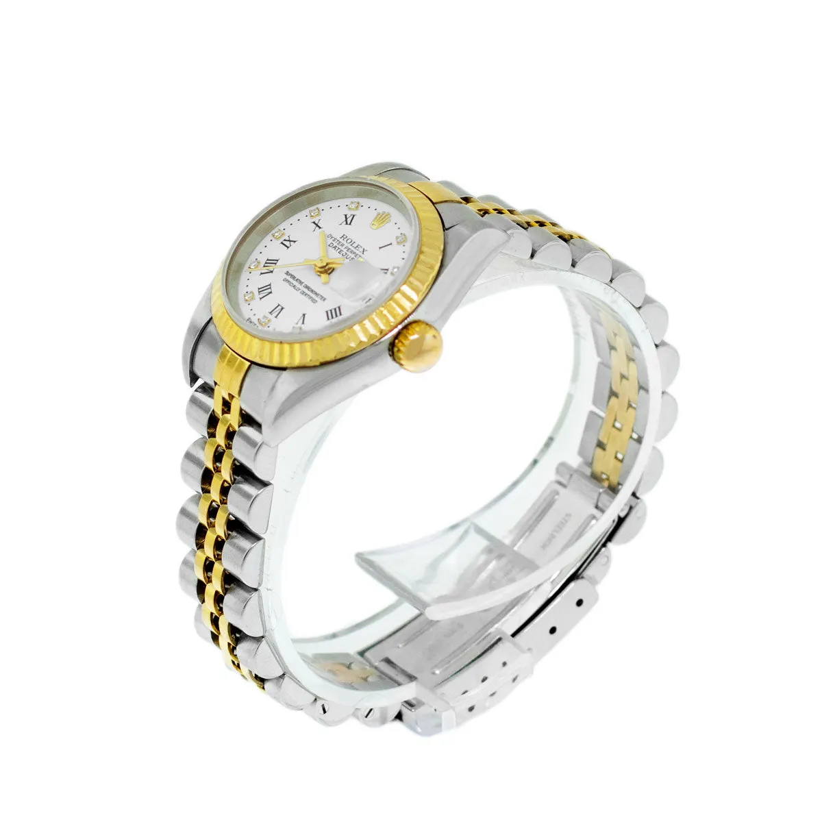 Rolex Lady-Datejust 26mm Yellow Gold Steel White Roman Diamond Dial & Fluted Bezel 69173