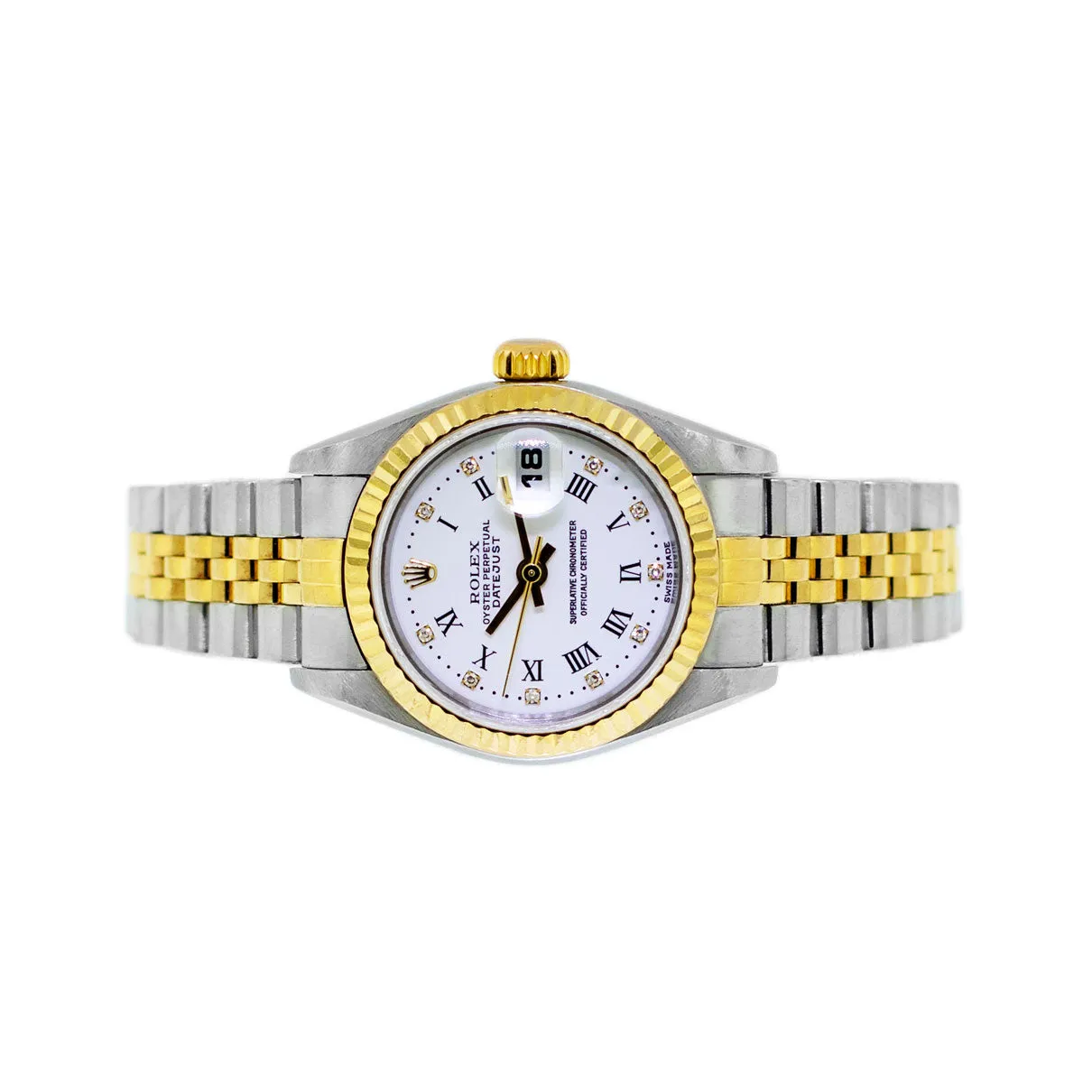 Rolex Lady-Datejust 26mm Yellow Gold Steel White Roman Diamond Dial & Fluted Bezel 69173