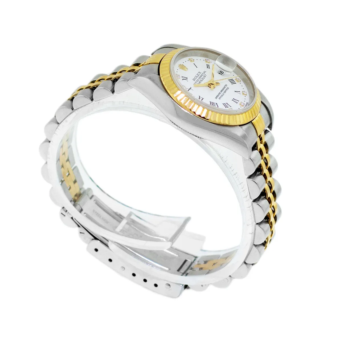 Rolex Lady-Datejust 26mm Yellow Gold Steel White Roman Diamond Dial & Fluted Bezel 69173