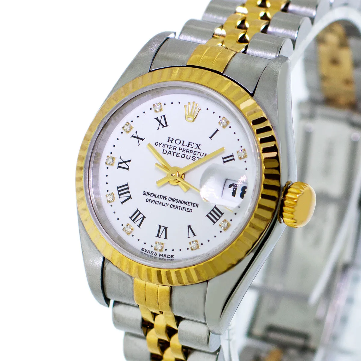 Rolex Lady-Datejust 26mm Yellow Gold Steel White Roman Diamond Dial & Fluted Bezel 69173