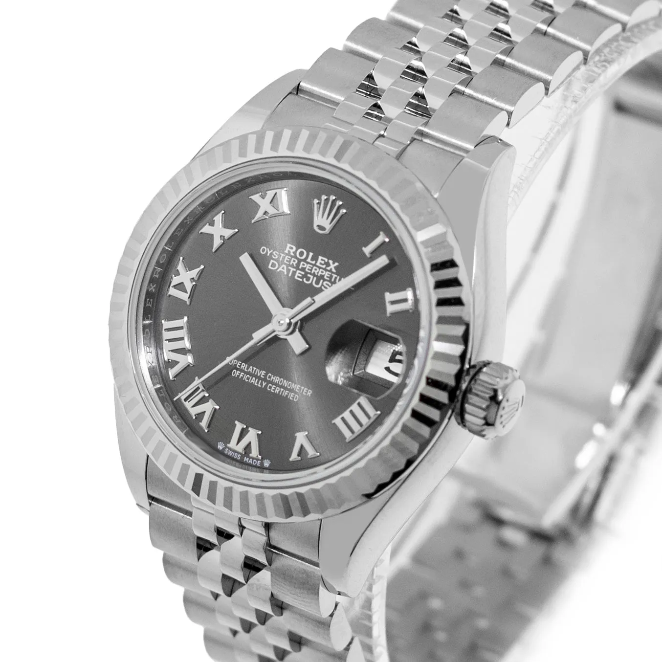 Rolex Lady-Datejust 28mm White Gold & Steel Dark Rhodium Roman Dial & Fluted Bezel 279174