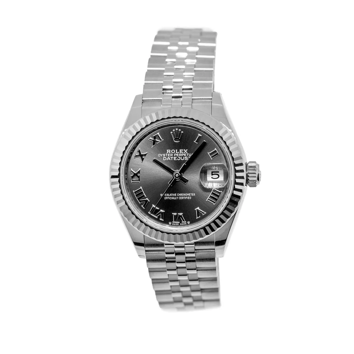 Rolex Lady-Datejust 28mm White Gold & Steel Dark Rhodium Roman Dial & Fluted Bezel 279174