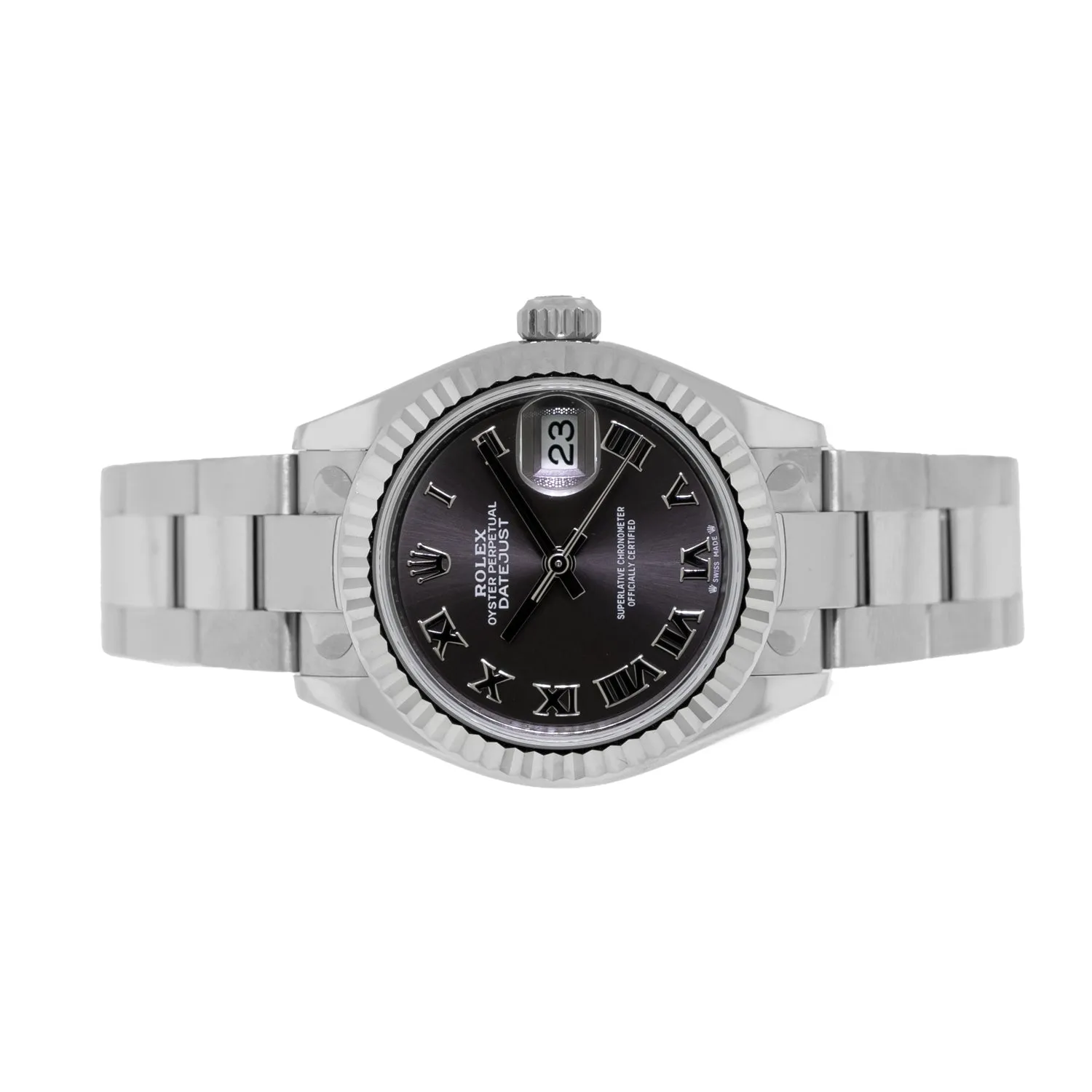 Rolex Lady-Datejust 28mm White Gold & Steel Dark Rhodium Roman Dial & Fluted Bezel 279174