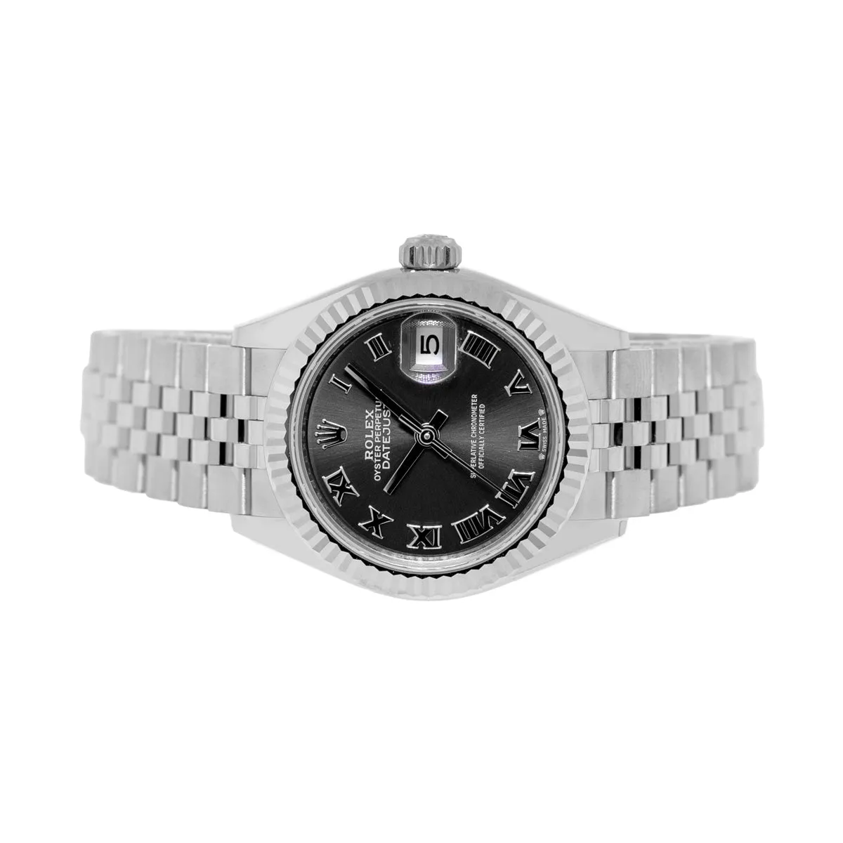 Rolex Lady-Datejust 28mm White Gold & Steel Dark Rhodium Roman Dial & Fluted Bezel 279174