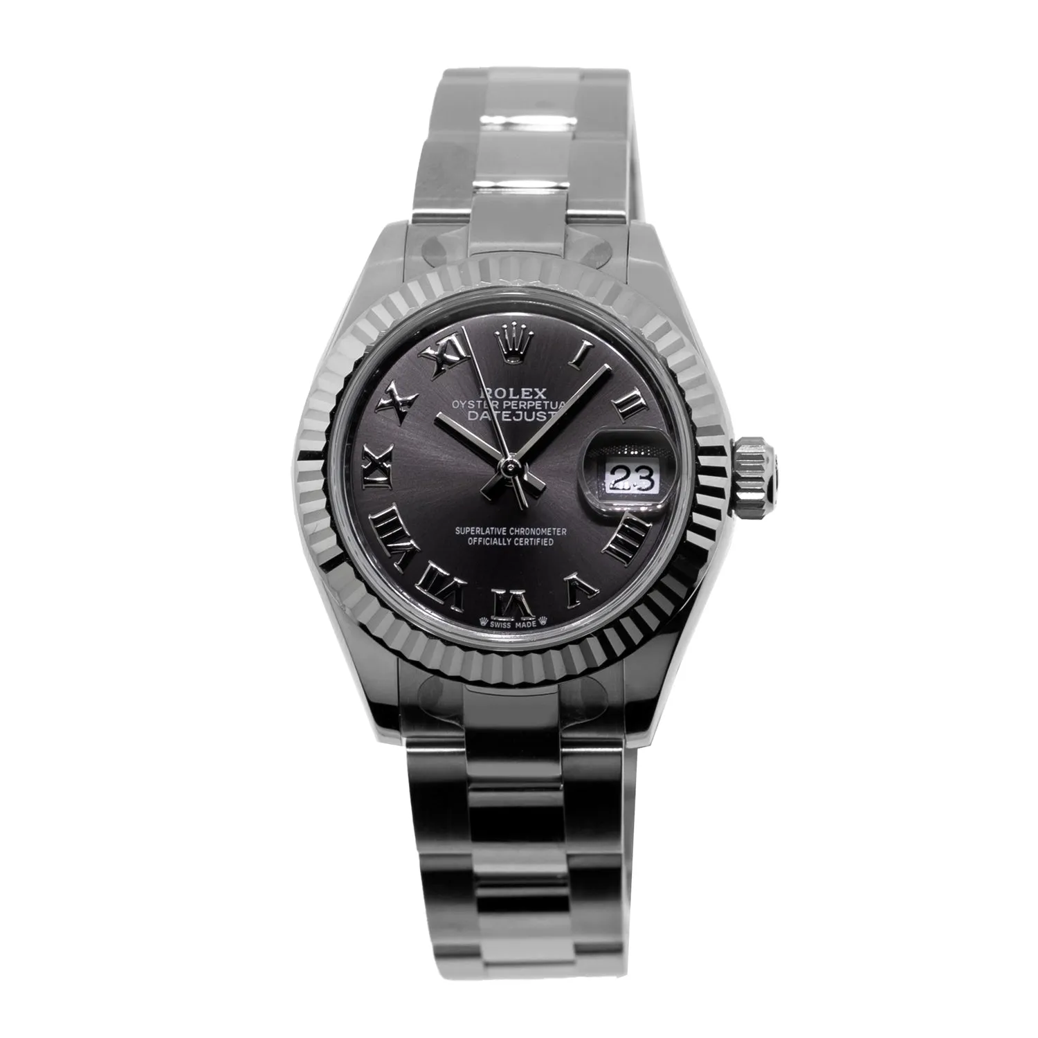 Rolex Lady-Datejust 28mm White Gold & Steel Dark Rhodium Roman Dial & Fluted Bezel 279174