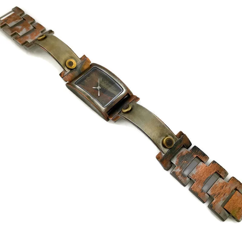 Silver & Copper & Brass Watch With Earth Tone Dial