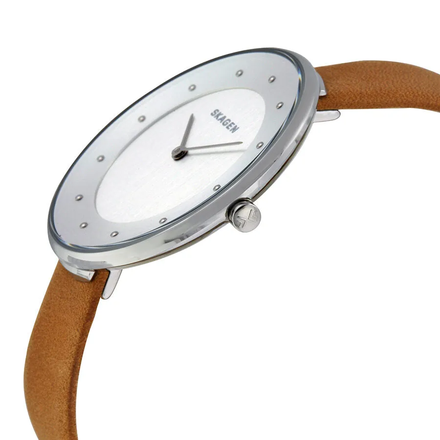 Skagen Gitte Silver Dial Light Brown Leather Strap Ladies Watch SKW2326