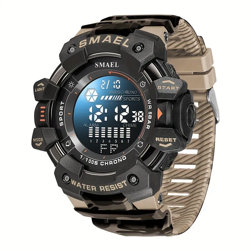 Sports Digital Wristwatch For Outdoor Mountaineering, LED Night Light Multifunctional Alarm Calendar Watch With Large Dial Camo Strap FS