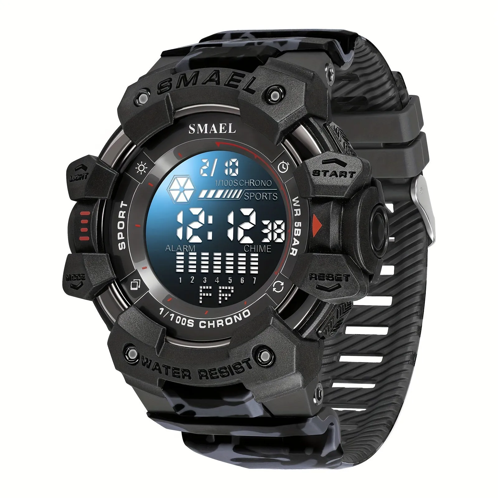 Sports Digital Wristwatch For Outdoor Mountaineering, LED Night Light Multifunctional Alarm Calendar Watch With Large Dial Camo Strap FS