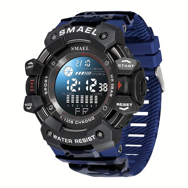 Sports Digital Wristwatch For Outdoor Mountaineering, LED Night Light Multifunctional Alarm Calendar Watch With Large Dial Camo Strap FS