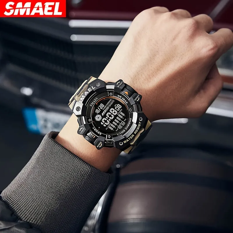 Sports Digital Wristwatch For Outdoor Mountaineering, LED Night Light Multifunctional Alarm Calendar Watch With Large Dial Camo Strap FS