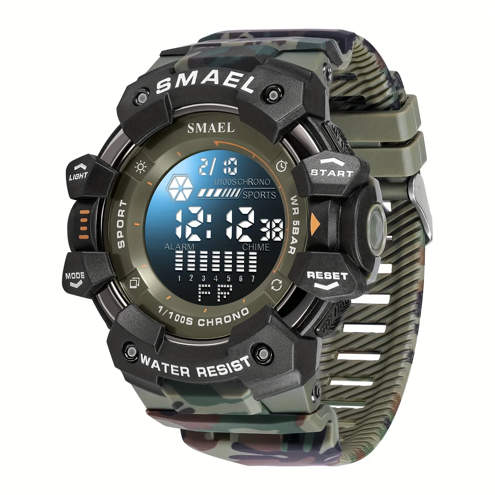 Sports Digital Wristwatch For Outdoor Mountaineering, LED Night Light Multifunctional Alarm Calendar Watch With Large Dial Camo Strap FS