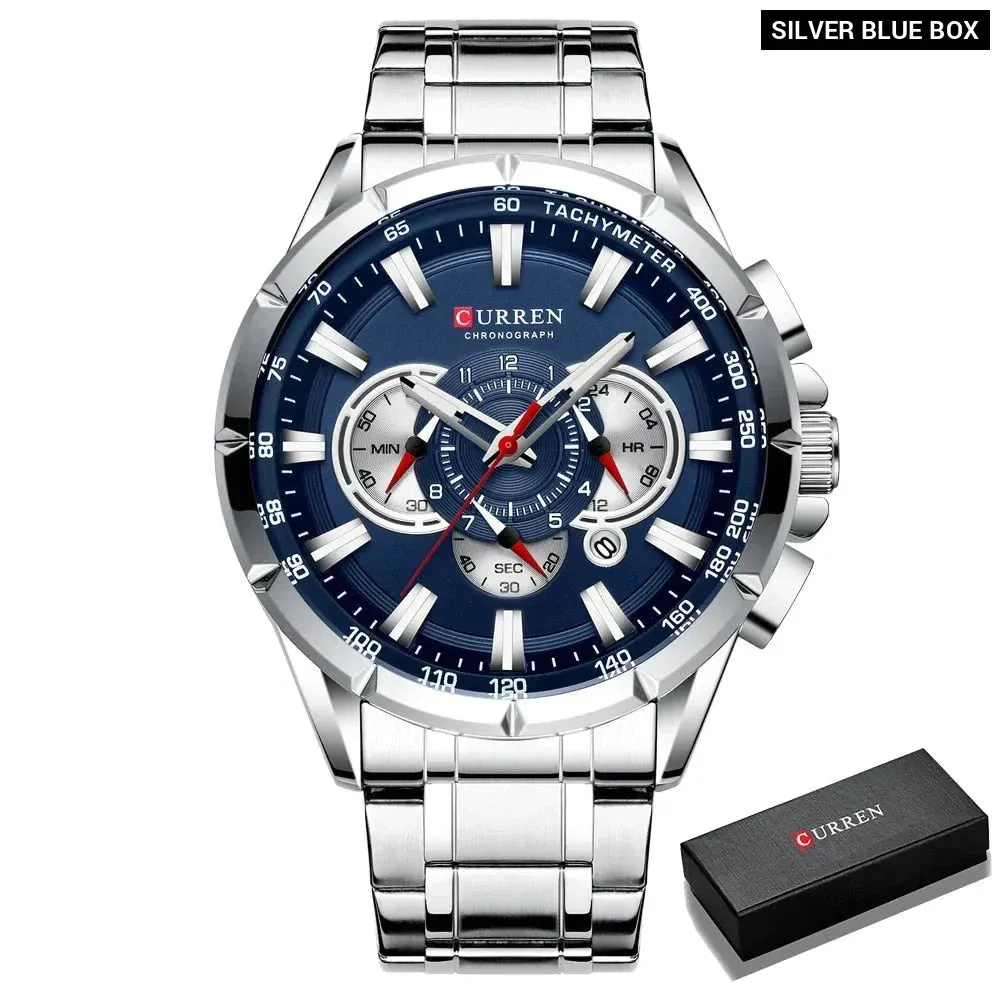Stainless Steel Chronograph Big Dial Quartz Clock with Luminous Pointers for Men