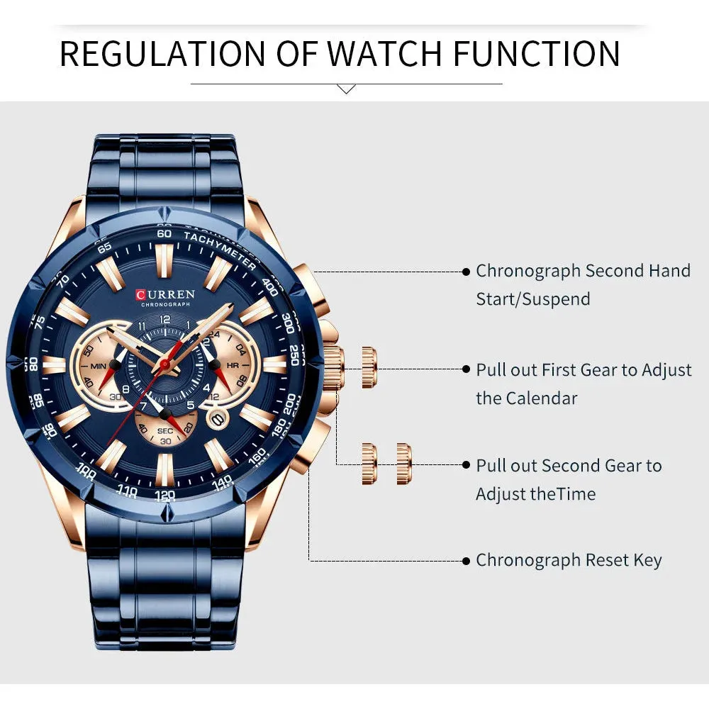 Stainless Steel Chronograph Big Dial Quartz Clock with Luminous Pointers for Men
