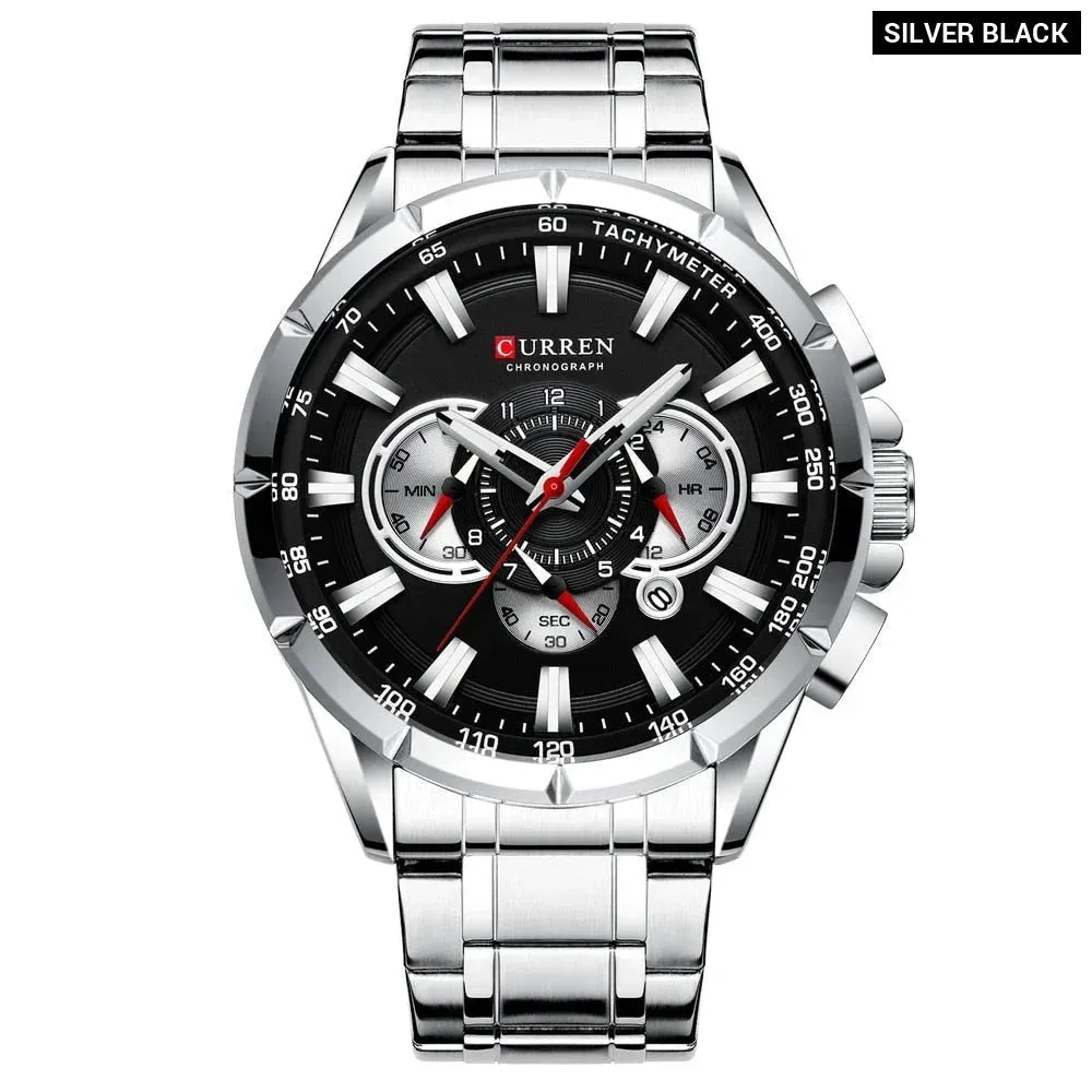 Stainless Steel Chronograph Big Dial Quartz Clock with Luminous Pointers for Men