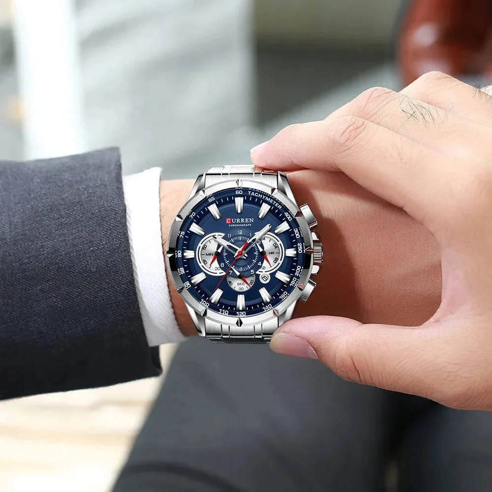 Stainless Steel Chronograph Big Dial Quartz Clock with Luminous Pointers for Men