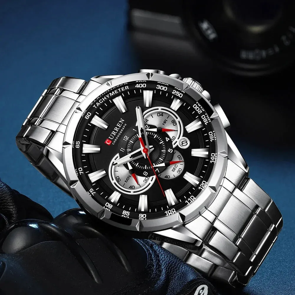 Stainless Steel Chronograph Big Dial Quartz Clock with Luminous Pointers for Men