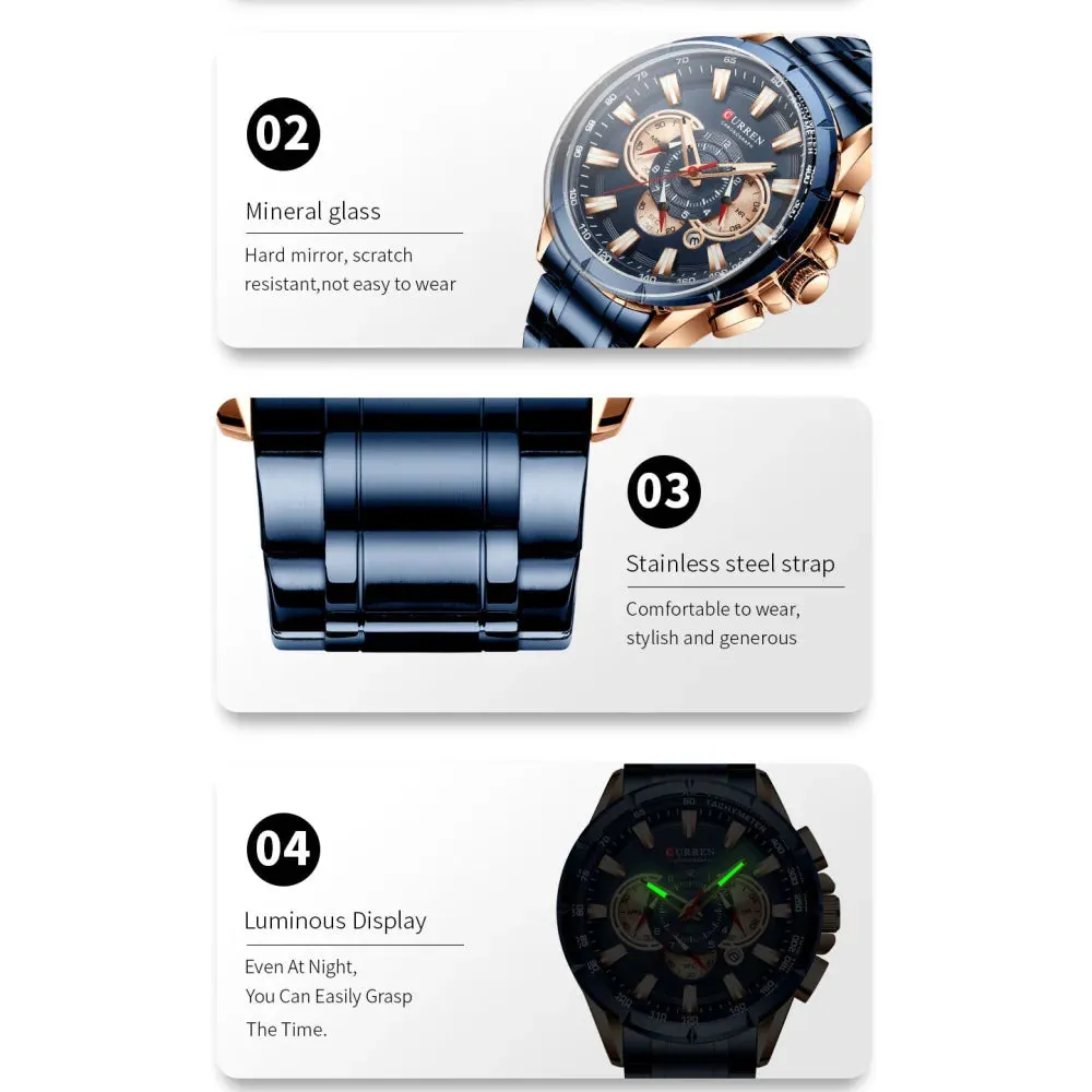 Stainless Steel Chronograph Big Dial Quartz Clock with Luminous Pointers for Men
