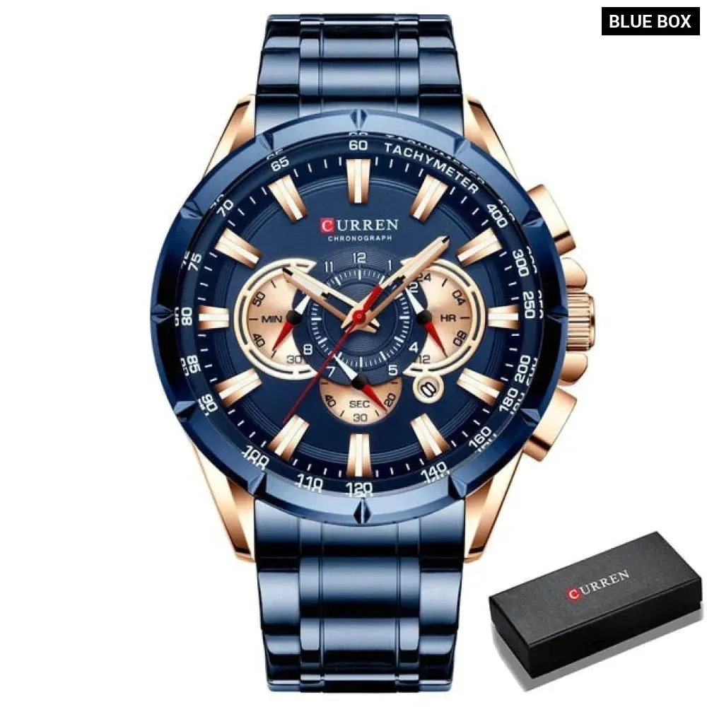 Stainless Steel Chronograph Big Dial Quartz Clock with Luminous Pointers for Men
