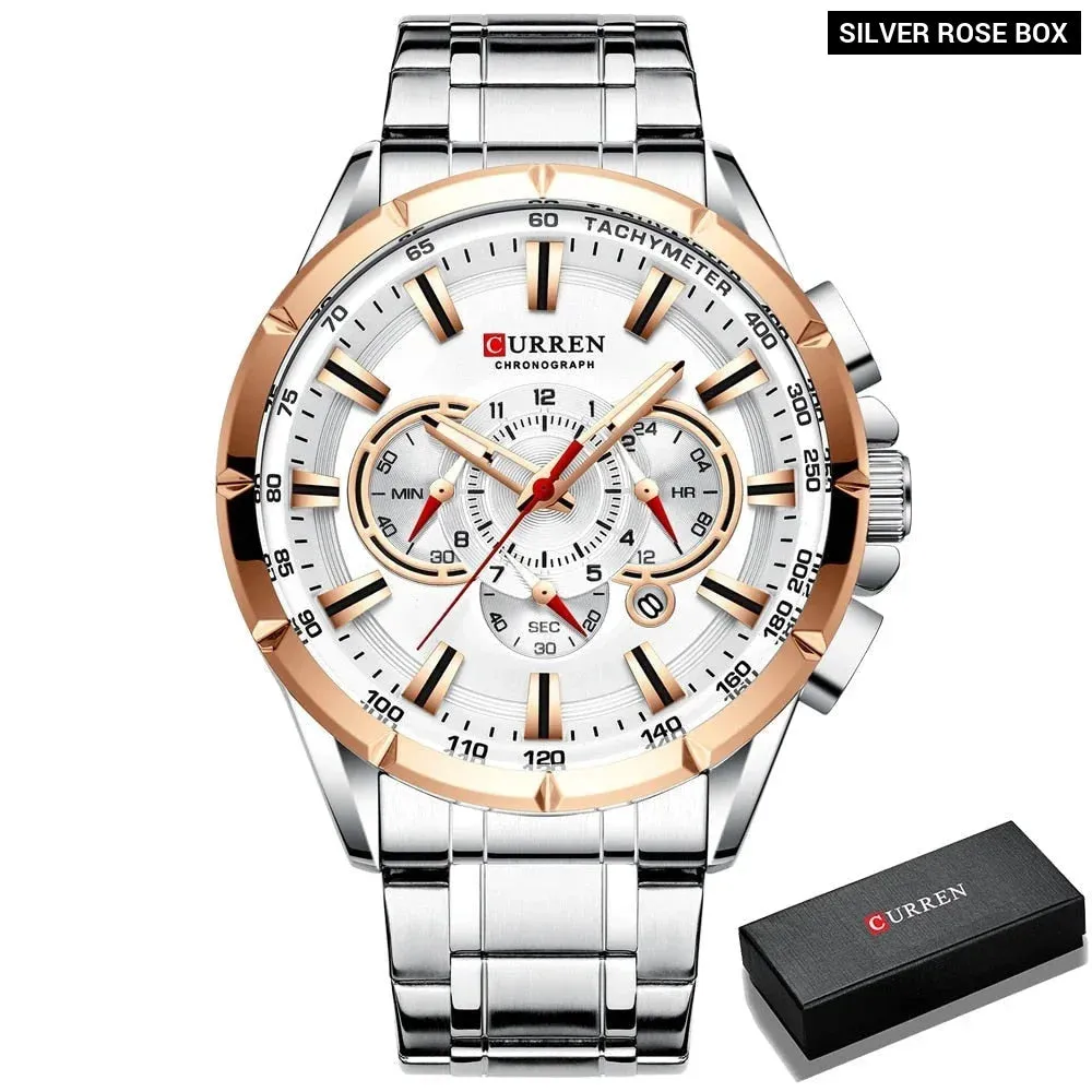 Stainless Steel Chronograph Big Dial Quartz Clock with Luminous Pointers for Men