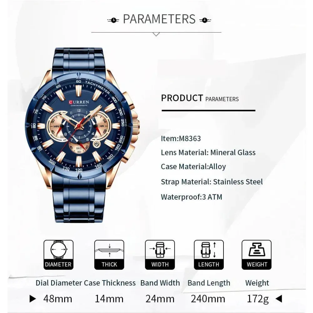 Stainless Steel Chronograph Big Dial Quartz Clock with Luminous Pointers for Men