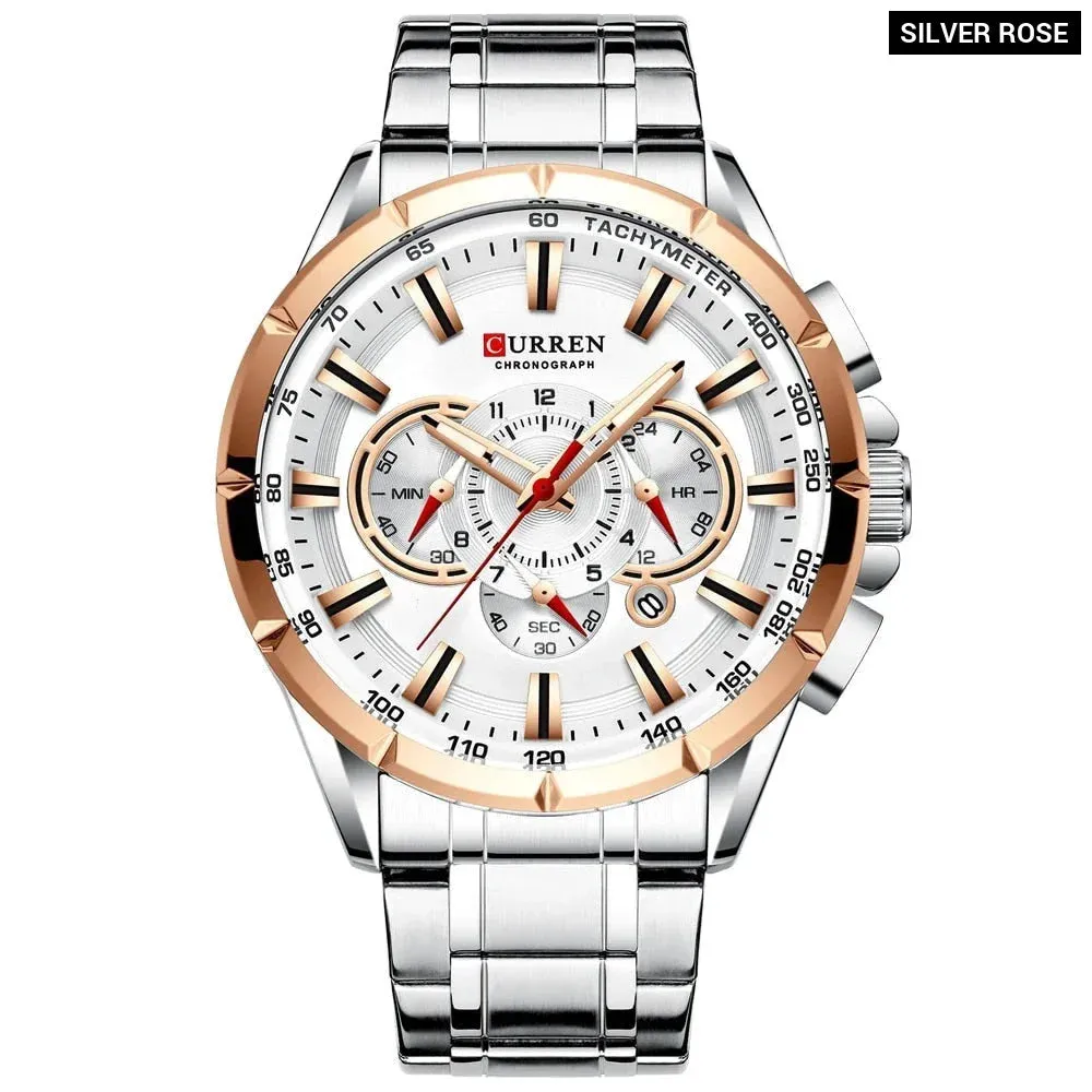 Stainless Steel Chronograph Big Dial Quartz Clock with Luminous Pointers for Men