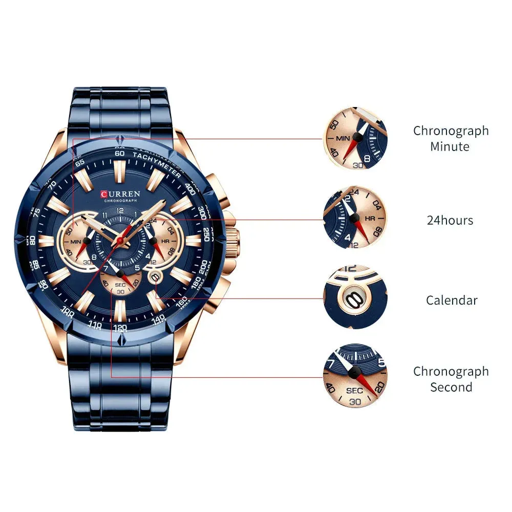 Stainless Steel Chronograph Big Dial Quartz Clock with Luminous Pointers for Men