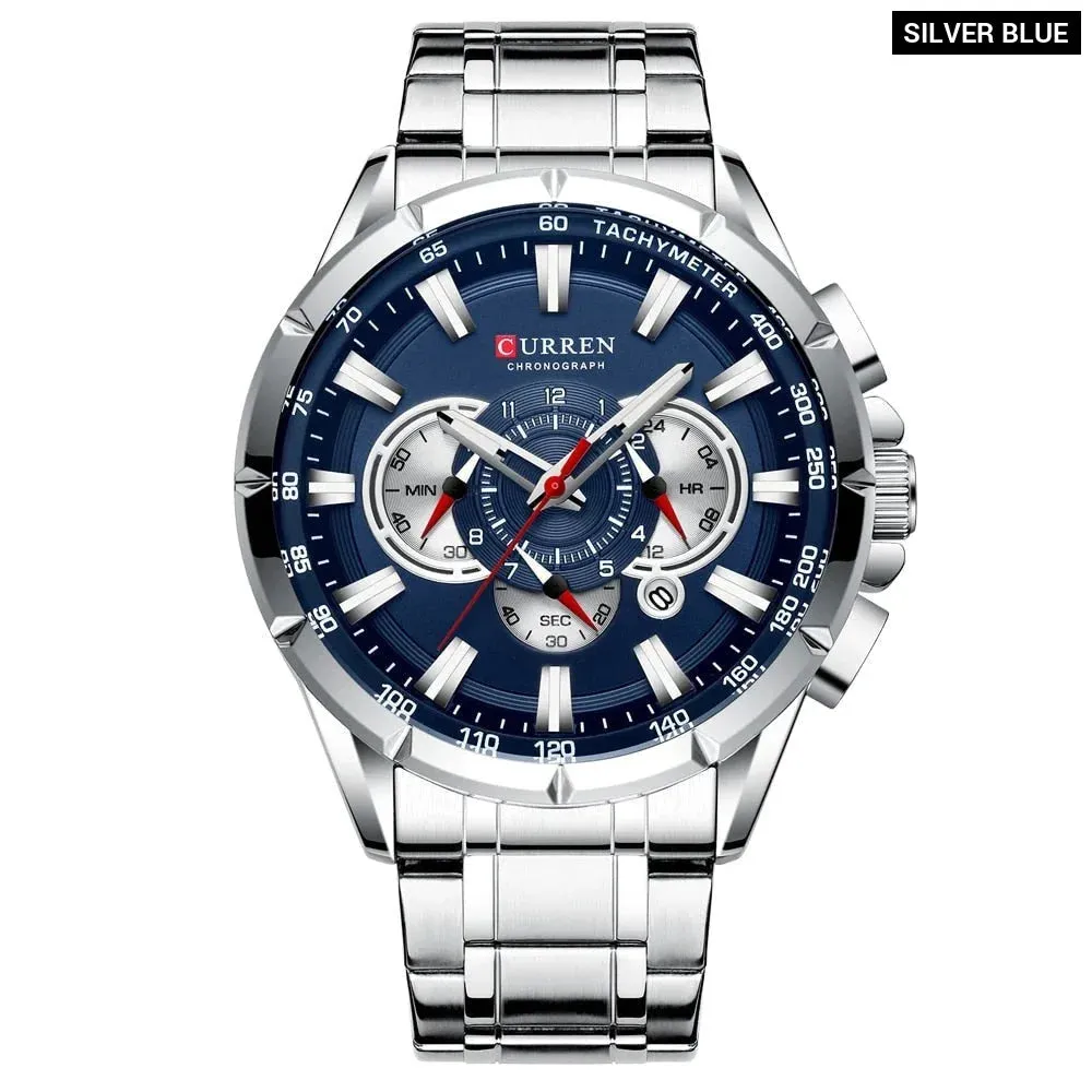 Stainless Steel Chronograph Big Dial Quartz Clock with Luminous Pointers for Men