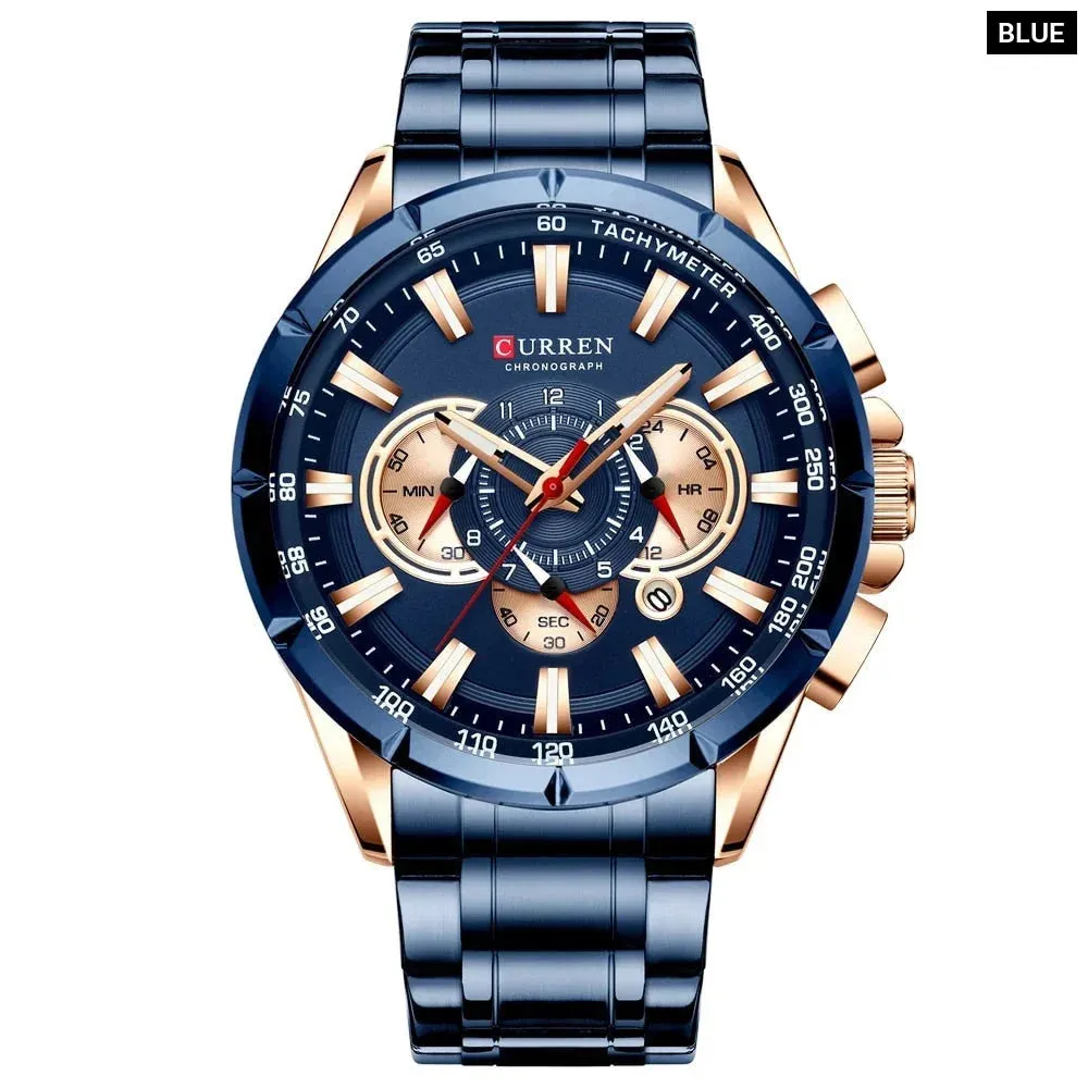 Stainless Steel Chronograph Big Dial Quartz Clock with Luminous Pointers for Men