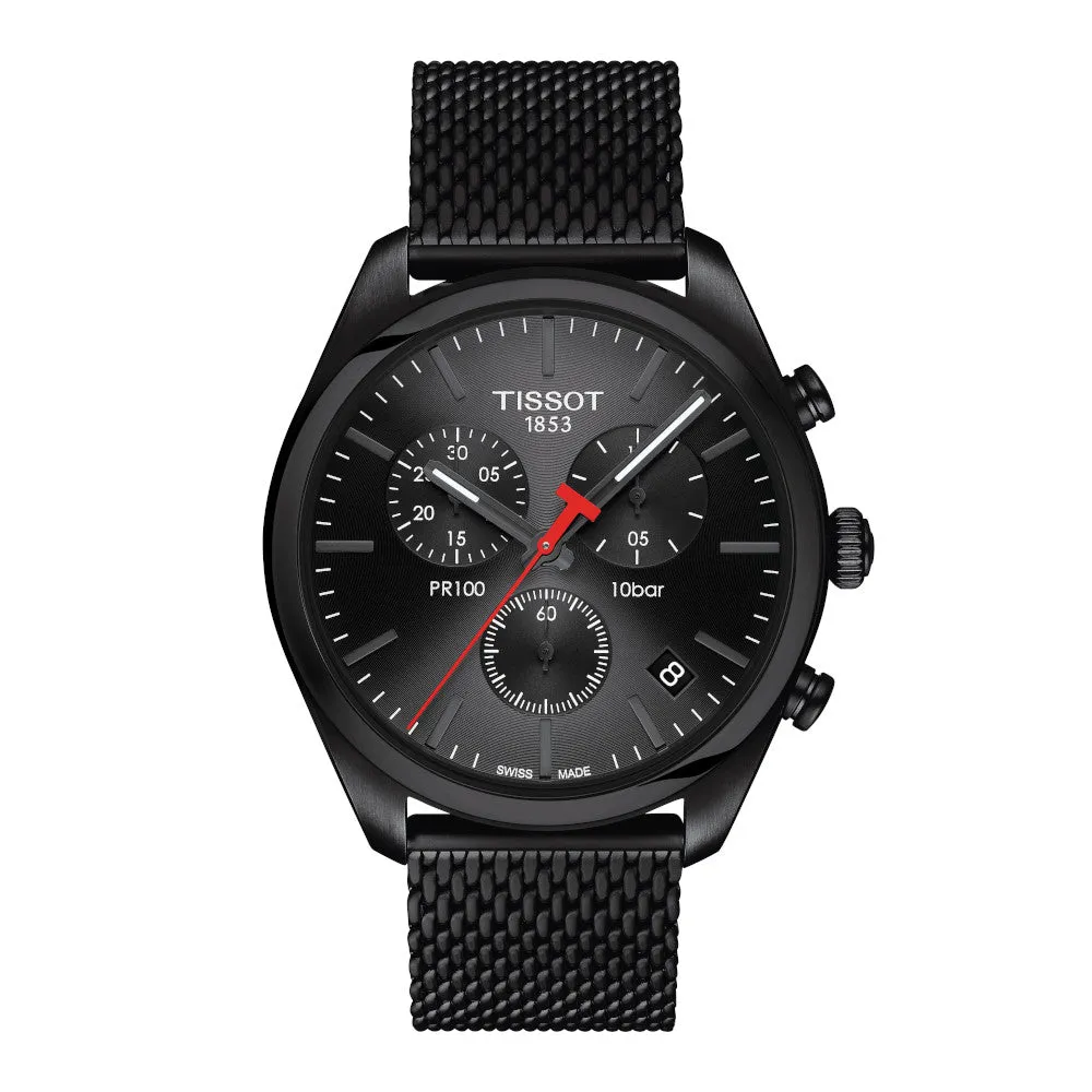 Tissot PR 100 Chronograph Mens Black Tone Black Dial Mesh Strap Watch