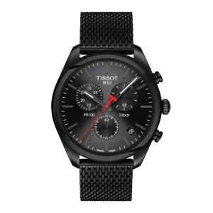 Tissot PR 100 Chronograph Mens Black Tone Black Dial Mesh Strap Watch