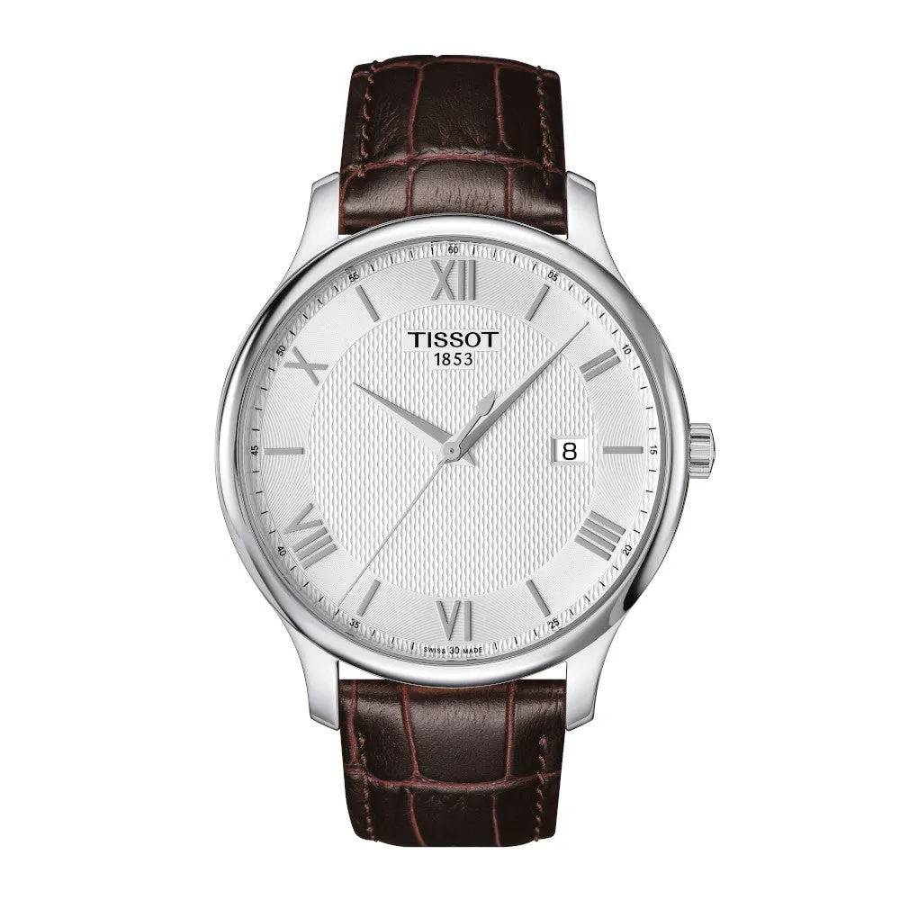 Tissot Tradition Mens Stainless Steel White Dial Brown Leather Strap Watch
