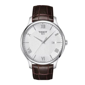 Tissot Tradition Mens Stainless Steel White Dial Brown Leather Strap Watch