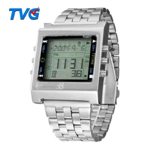 TVG Sports Watches Military Quartz LED Digital Watch Men Alarm TV DVD Remote Mens Stainless Steel Wristwatch Fashion Casual